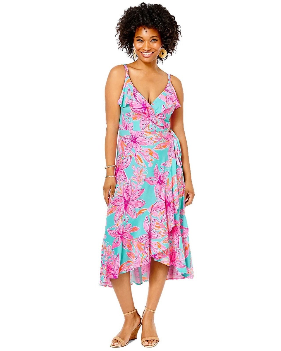 blue and pink wrap dress Lilly Pulitzer Fontaine Surf Blue/pink Bonita Blooms XLarg Size:CUSTOM Belle by Badgley Mischka 10% Elastane. short cocktail dress