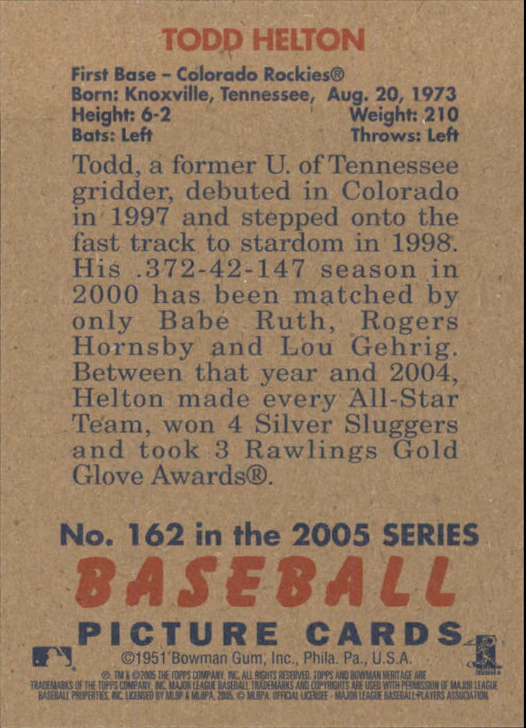 2005 Bowman Heritage Baseball Card #162 Todd Helton - Picture 2 of 2