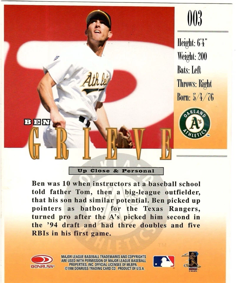 1998 Donruss Studio Authentic Signature Ben Grieve Auto 8x10 - Image 2 of 2