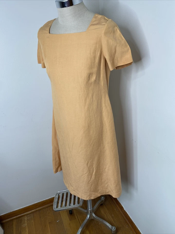 Laura Ashley Dress Sz US 10 UK 14 Silk Linen Peach Short Sleeve Midi Square Neck - Image 2 of 4