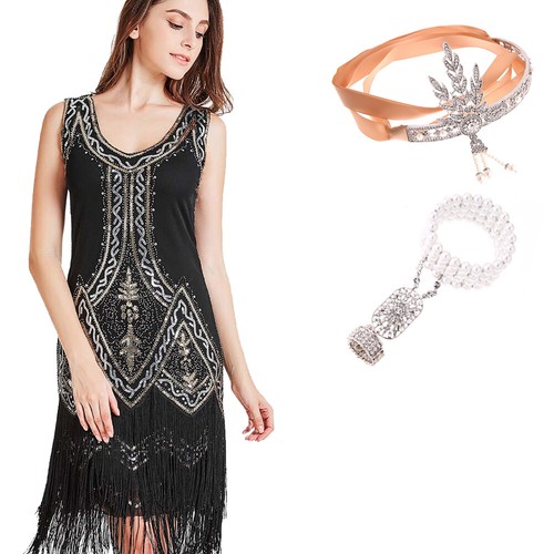 De lujo Damas 20 años 1920 Rugiente Flapper Disfraz Lentellera Gatsby Años 20 Elegante Vestido - Imagen 12 de 13