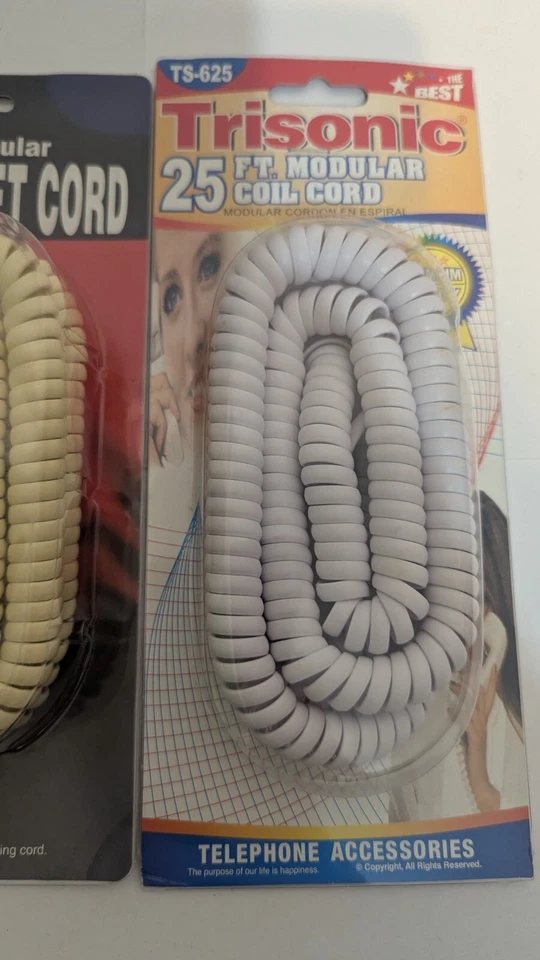 Lot 3 25' Phone Off White Coils Land Line Phone Cord Brand New Old Stock VTG + - Image 4 of 4