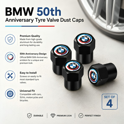 4 Stück BMW 50th Anniversary Reifen Ventil Staubkappen Metall schwarz Schaft Gehäuseabdeckungen