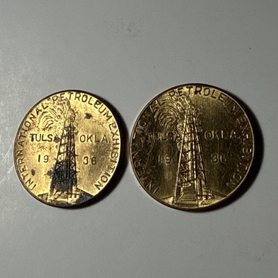 Two 1936 Int l Petroleum Exhibition Coins Williams Lower Valve Puller Vtg