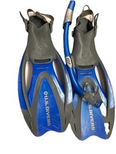 U.S. Divers Proflex Fins Size M 7-10 Snorkel Set Mesh Bag Blue Scuba Swim