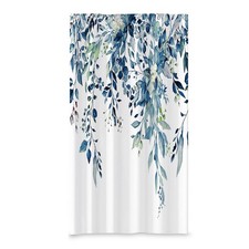 Blue Leaves Long Fabric Shower Curtain Watercolor Floral Leaf Wide Bath Curtain