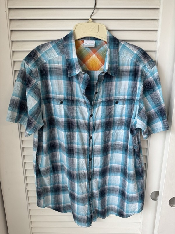 Columbia Pearl Snap Men's LARGE Blue Plaid Short Sleeve Outdoors Shirt NWOT