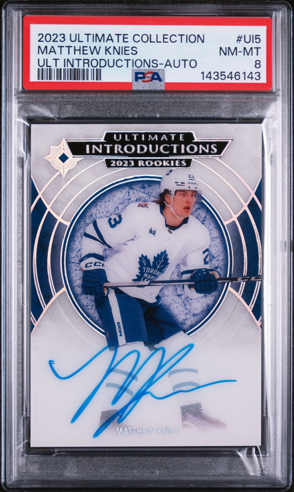 2023-24 Upper Deck Ultimate Introductions Rookie Auto #UI5 Matthew Knies PSA 8 view 1
