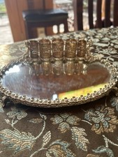 Vintage MCM Lipstick Holder Brass GoldTone Filigree Mirrored Vanity Tray 7.5&rdquo;