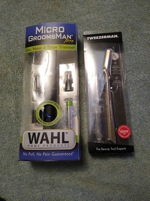 WAHL Micro Groomsman Pro Ear Nose & Brow Trimmer Model 5640 & Tweezerman Facial 