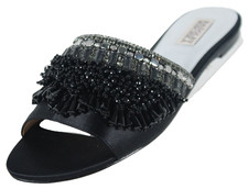 BADGLEY MISCHKA Black Satin Crystal  Bead Embellished Flat Slide Sandals 9