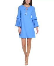 Vince Camuto Flare-Sleeve Tie-Neck Shift Dress Women's 8 Blue Pullover