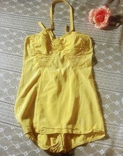 Vintage 1950s Swimsuit Yellow Ruched Halter Neck Rockabilly Pinup Romper