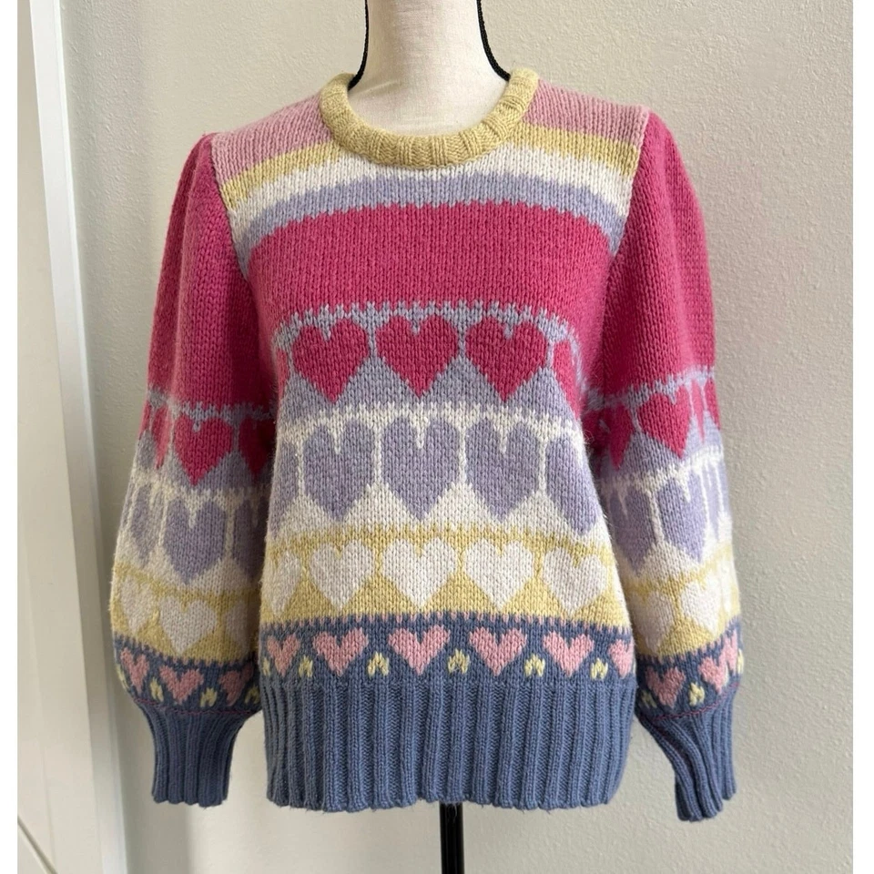 LoveShackFancy Shirelle Manga Abullonada Corazón Suéter Lana Alpaca Rosa Glaseado Mediano Foto 3 de 4