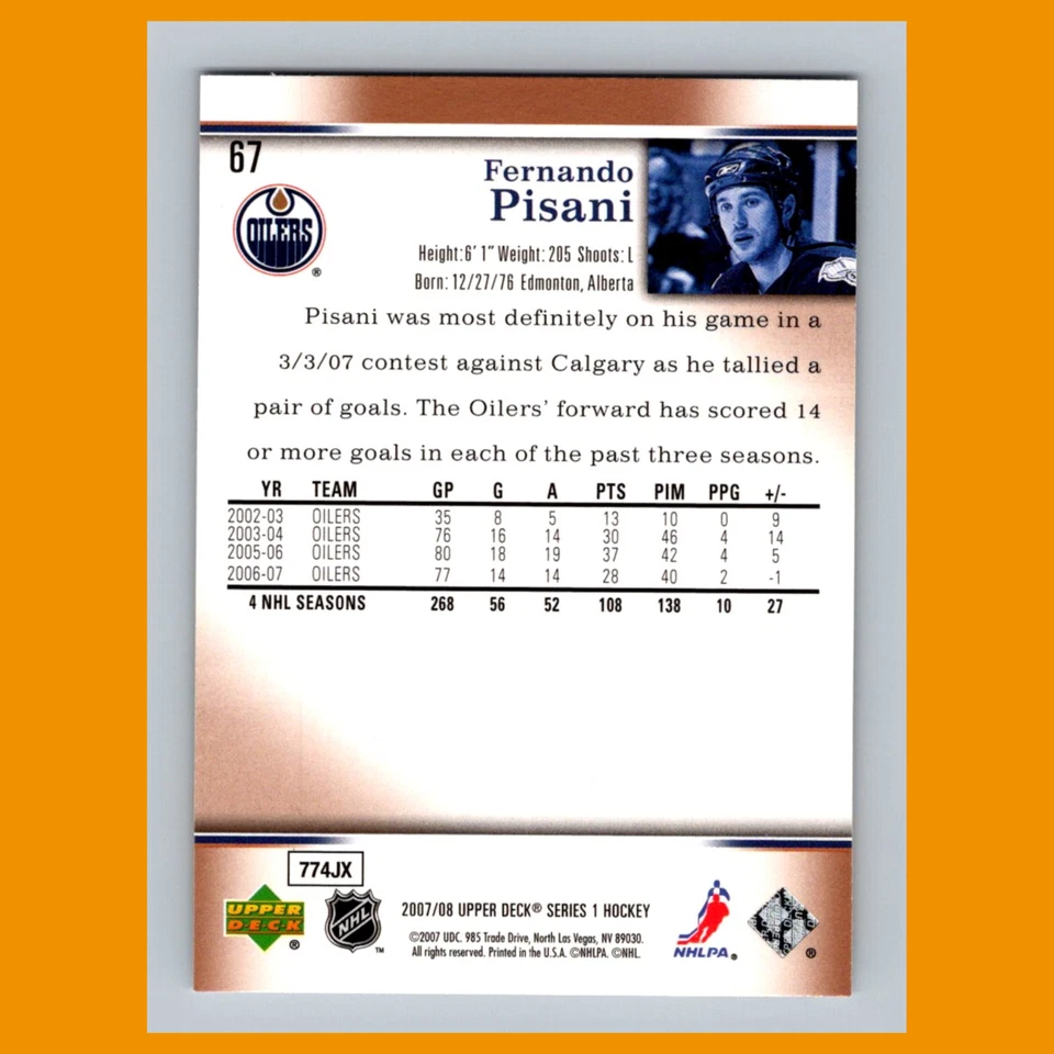 Fernando Pisani #67 2007 Upper Deck Edmonton Oilers Hockey Card NHL NM - Image 2 of 3