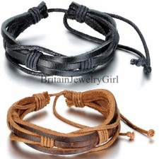 Fashion Punk Black Brown Leather Surfer Braided Wristband Multilayer Bracelet