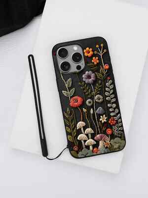 Elegante schwarze Handyhülle mit Stickereiimitat Schlüsselband für iPhone 16 Galaxy