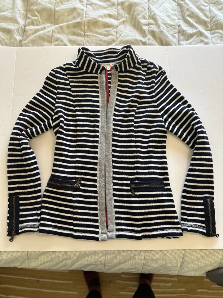 Cárdigan Abierto Pequeño Anthropologie Drew Suéter Blazer Azul/Blanco Rayas Cremalleras Foto 2 de 4