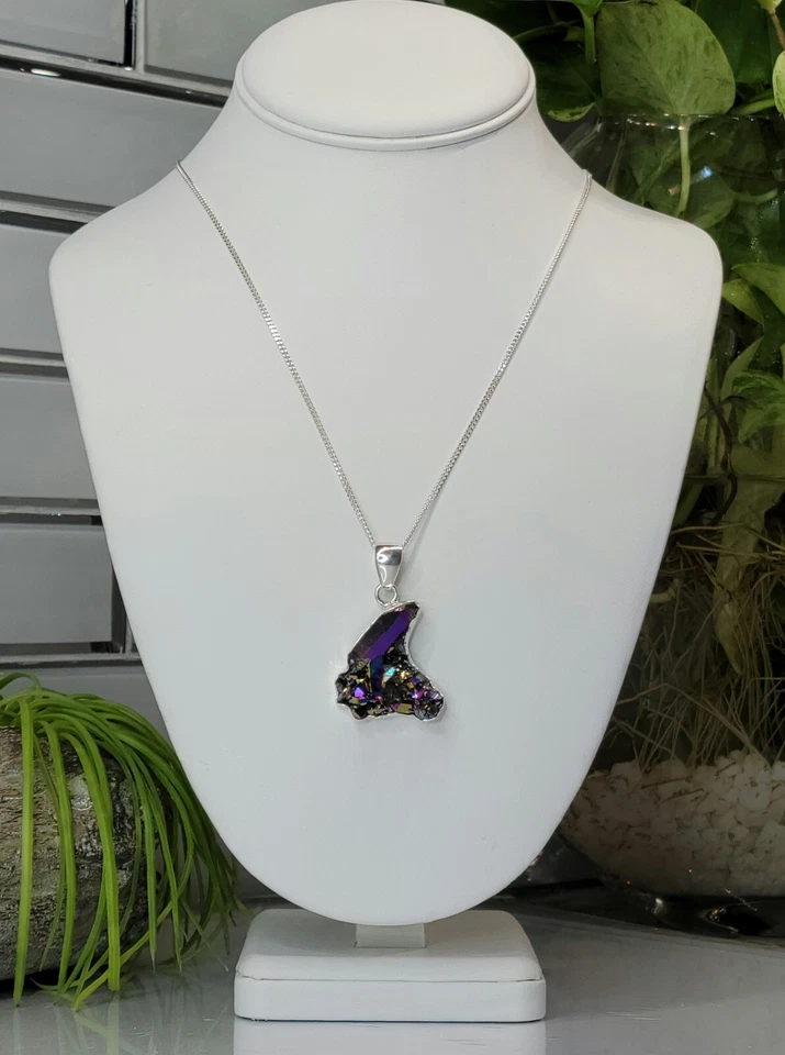 Colar assinado Charles Albert 950 prata esterlina fina pingente de quartzo Arora 20" - Imagem 4 de 4