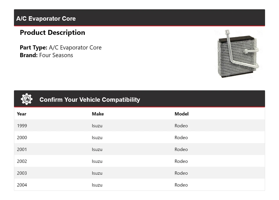 Núcleo evaporador de aire acondicionado Isuzu Rodeo 1999-2004 4 estaciones 2000 2001 2002 2003 Foto 2 de 4