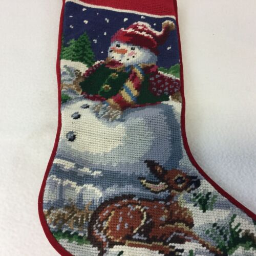 Needle Craft Christmas Stocking Nativity Snowman Snow Deer Red 19" Vintage A - Afbeelding 1 van 8