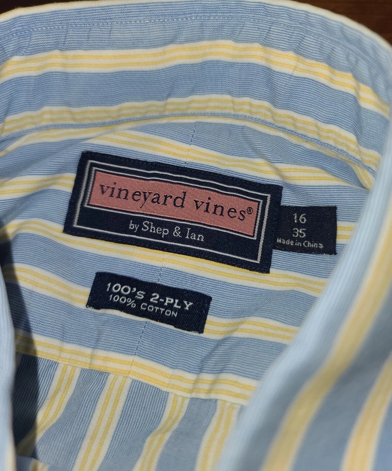 Camisa de vestir Vineyard Vines años 100 2 capas azul y amarillo a rayas para hombre talla 16-35 Foto 4 de 4
