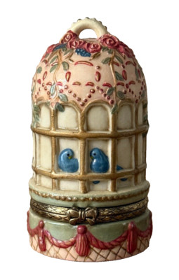 Box Birdcage Hinged Trinket with Birds Christmas Ornament Ceramic 4''