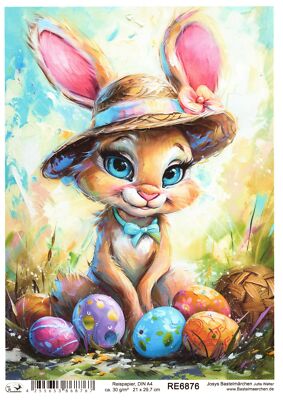 Reispapier A4 Strohseide Decoupage Oster lustige Hasen Comic Hut Kinder RE6876