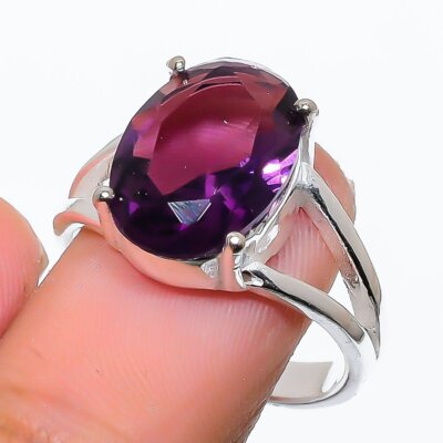 Natural Amethyst Emerald 24K Gold Over .925 Sterling Silver Handmade Ring S 6 1 4 151193