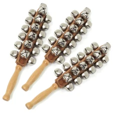 Sleigh Bells Pack of 3, 25 Nickel Plate Jingles, Maple Handle, Leather Dampeners