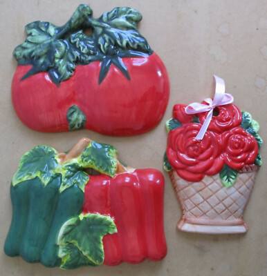 Ceramic Clay Plaques Vegetables Tomatoes Peppers Green & Red & Pot of Flowers