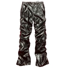 Men Faux Leatehr Pleated Flared Pants Frill Clubwear Trousers Costume Bottoms
