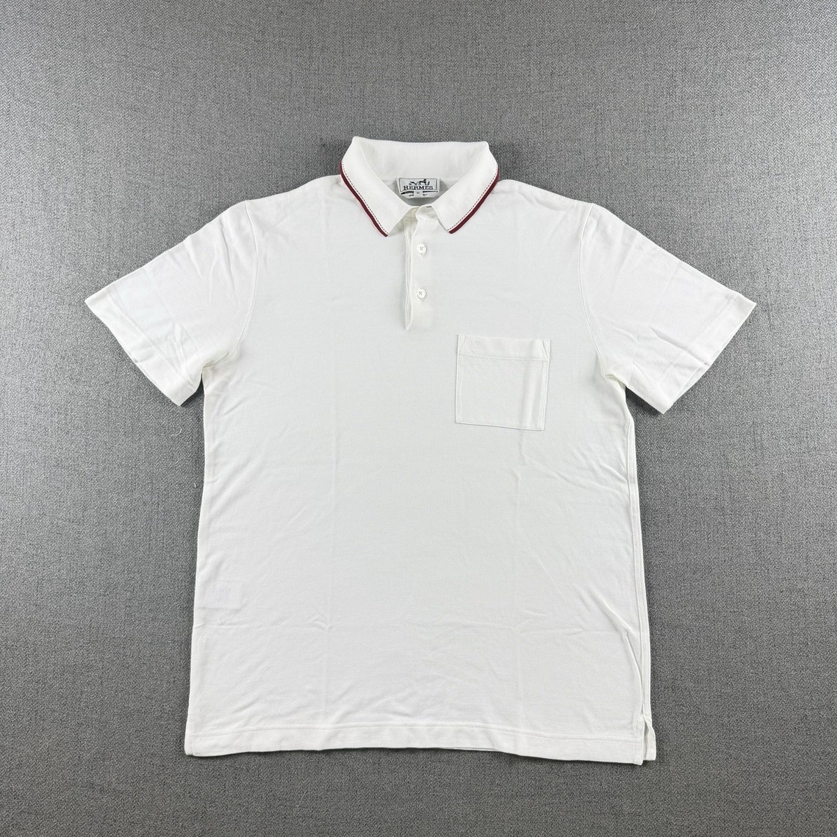 HERMÈS Paris Men's Size M White Cotton Piqué Polo Shirt Burgundy