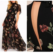 Lulu's Every Little Thing Black Floral Formal Chiffon Maxi Dress Gown Sz Large