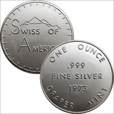 1 oz Silver Round 1973 Draper Mint Swiss of America .999 Fine Vintage 77.76 per troy oz