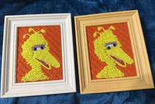Vintage Sesame Street Big Bird Framed Needlepoint Wall Art Set of 2