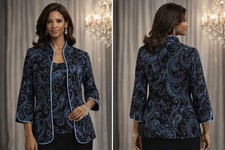 Alex Evenings 2 Pc Jacket  Shell Set Black Blue Paisley Print Size M Formal Ev