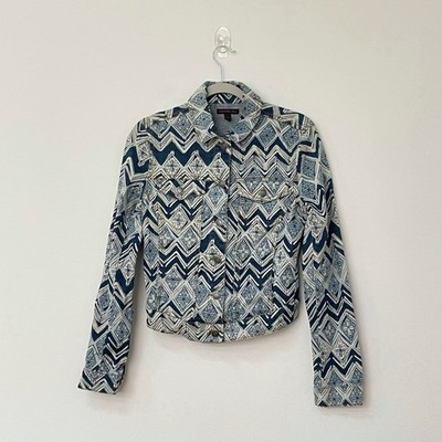 Material Girl Women s Sz S Geometric Pattern Denim Jean Jacket Cropped Cotton