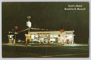 Postcard Scott's Mobil Baseline & Muscott Night Gas Station Advertising 1950s