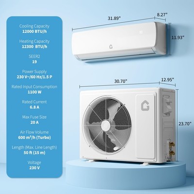 12000 BTU Ductless AC Mini Split Air Conditioner & Heat Pump System 230V ,w/Kit