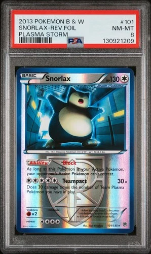 2013 POKEMON BW PLASMA STORM SNORLAX #101 REVERSE PSA 8 NM #130921209