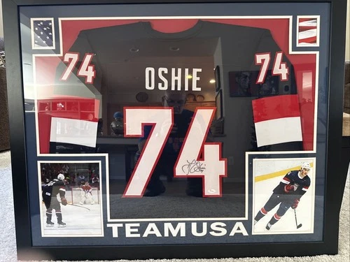TJ Oshie Signed Team USA 2014 Sochi Olympics 35x43 Custom Framed Jersey JSA COA