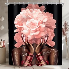African American Pink Shower Curtain 60Wx72L Inch Black Woman Girl Flower Peo...