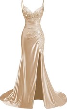 Lace Applique Satin Prom Dresses Mermaid V Neck Ruched Spaghetti Strap Gown Slit