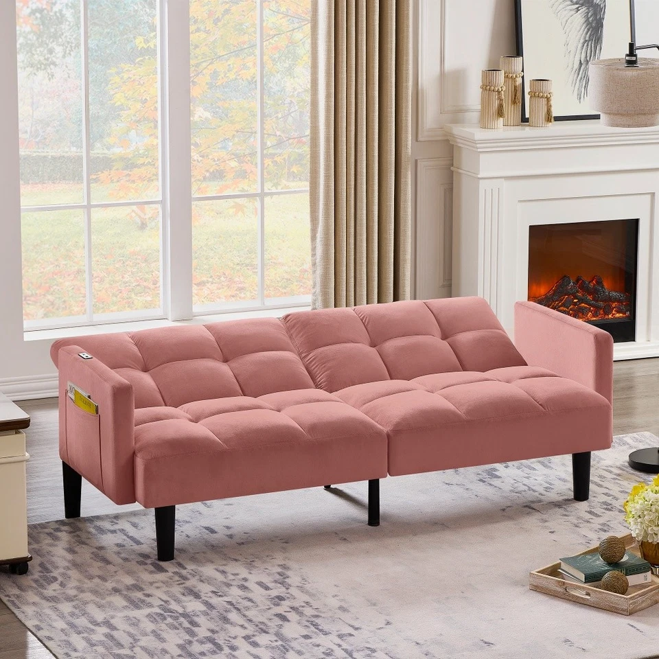 Sofá futon de veludo rosa conversível dobrável sofá-cama tufado para apartamento - Imagem 4 de 4
