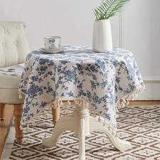 Blue Vintage Cotton Linen Floral Tablecloth Square Table Cloth Topper Wedding