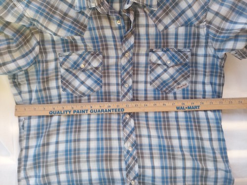 Wrangler Western Pearl Snap Shortsleeve Shirt. Size L. Blue/ Gray Plaid. - Picture 2 of 10