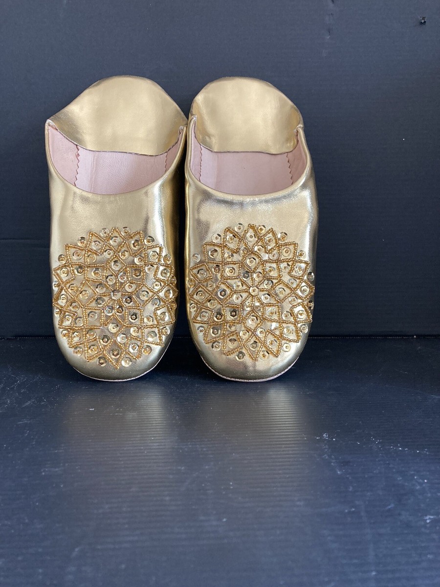 Babouches Dorées à Paillettes Taille 40 - Cuir Souple - Neuf Sans Emballage