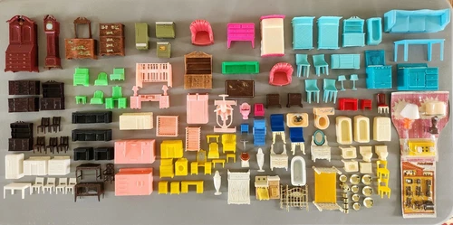 Huge Lot Vintage Plastic & Die Cast Doll House Furniture Marx Renwal Blue Box