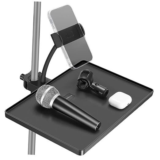 Microphone Stand Tray, Mic Stand Tray with Phone Holder Adjustable Clamp On